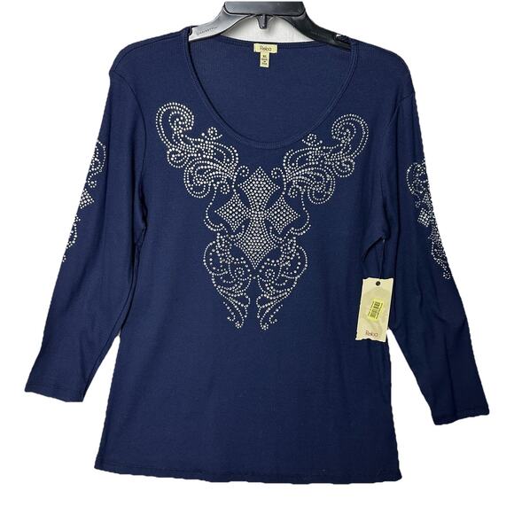 Reba Navy Rhinestone Studded Ribbed Stretch Western Cowgirl Glam Shirt XL NWT - Picture 2 of 10